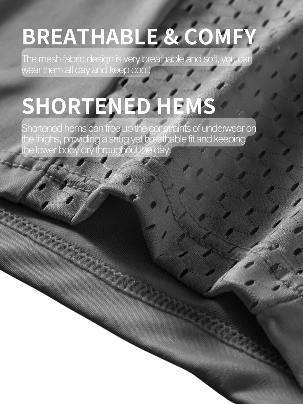 Gray mesh fabric with text highlighting breathable and comfy properties
