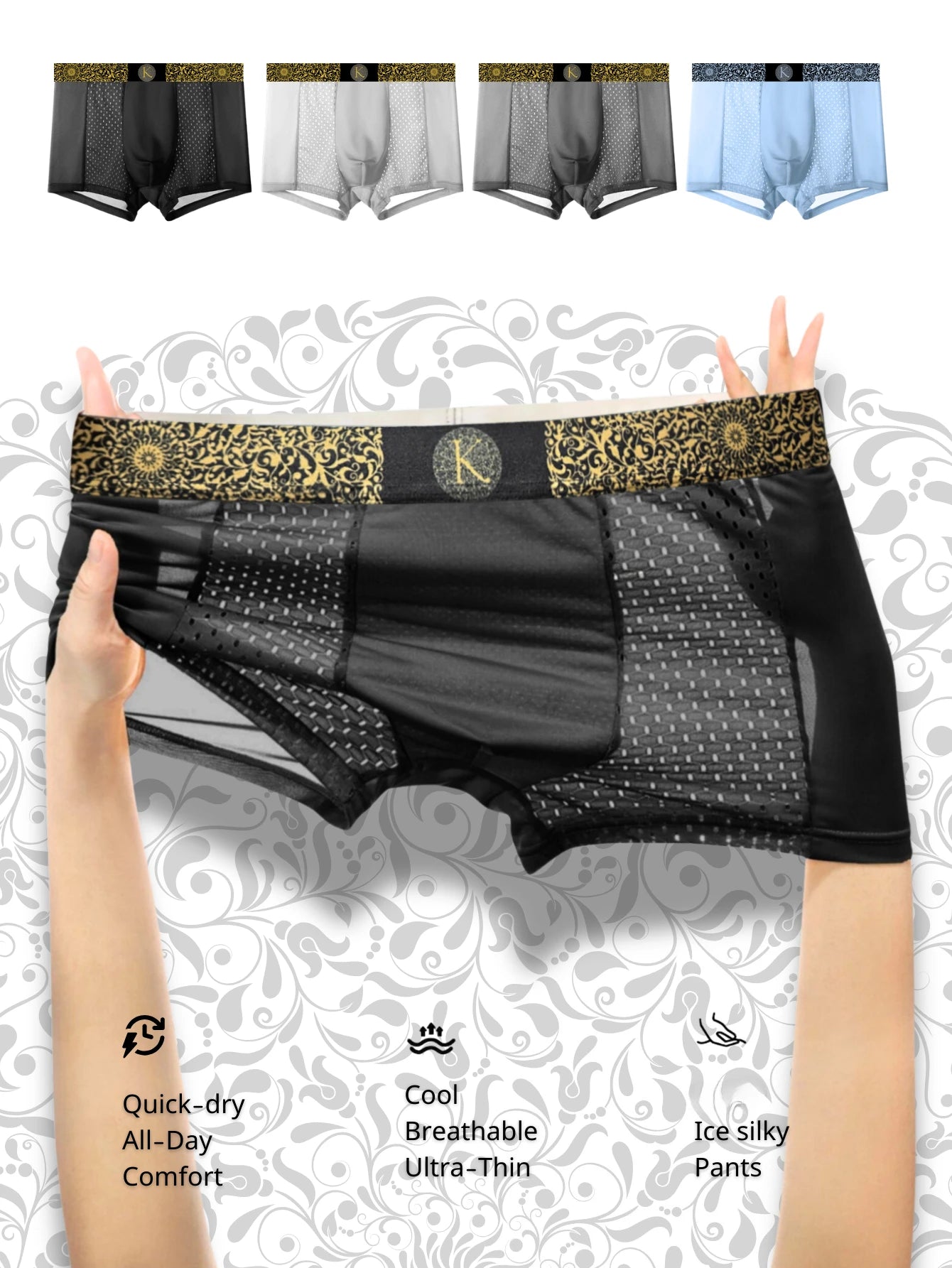 Men's boxer briefs in black with a gold patterned waistband and a central gold monogram logo, held up by two hands against a white patterned background. Smaller thumbnails of other color options (black, white, gray, light blue) are shown at the top, with feature callouts at the bottom.