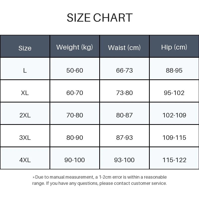 A size chart table showing measurements for sizes L through 4XL, including weight in kilograms, waist in centimeters, and hip in centimeters.