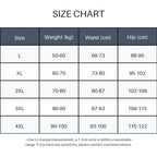 A size chart table showing measurements for sizes L through 4XL, including weight in kilograms, waist in centimeters, and hip in centimeters.