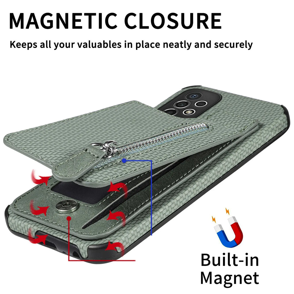 Samsung Galaxy Leather Carbon Fiber Case With Kick Stand & Zip Pocket