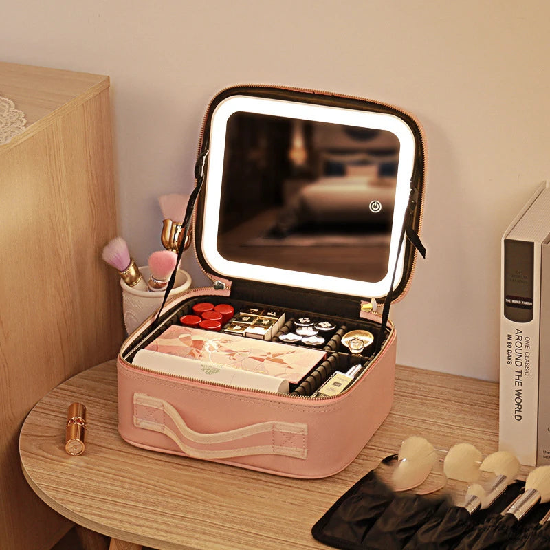 Deluxe Travel Makeup Bag Portable Cosmetics Beauty Case with LED Mirror