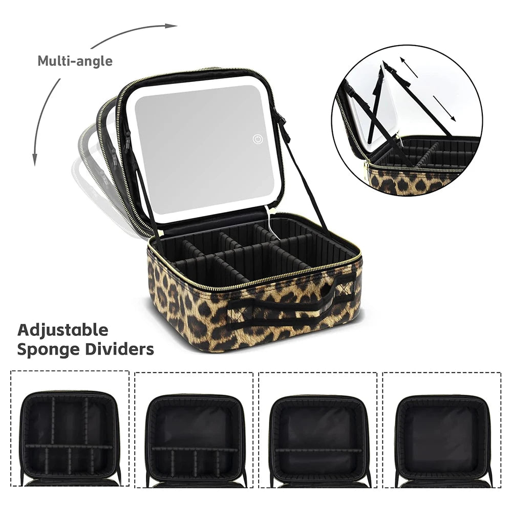 Makeup Case Portable Travel Beauty Leopard Cosmetics Bag with Mirror and Lights