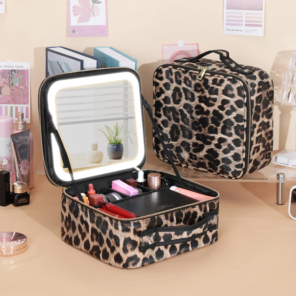 Makeup Case Portable Travel Beauty Leopard Cosmetics Bag with Mirror and Lights