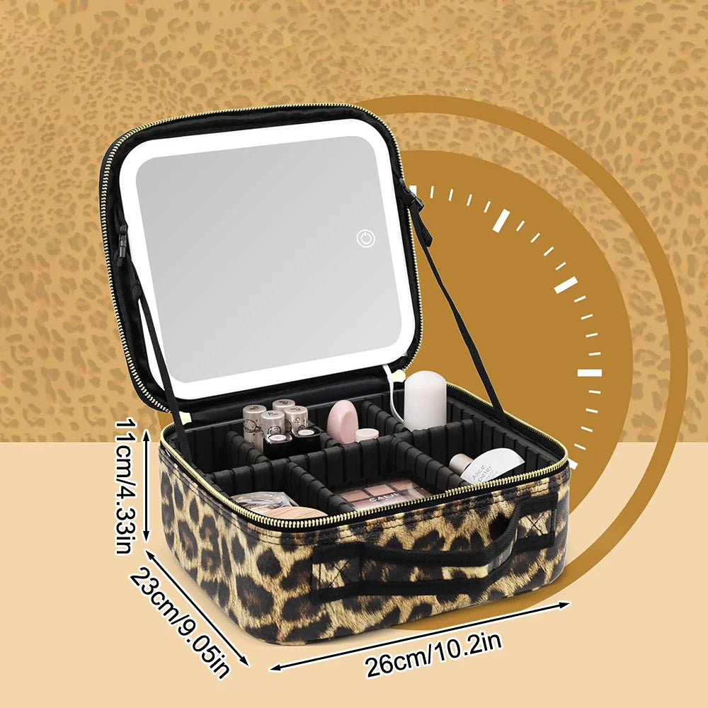 Makeup Case Portable Travel Beauty Leopard Cosmetics Bag with Mirror and Lights