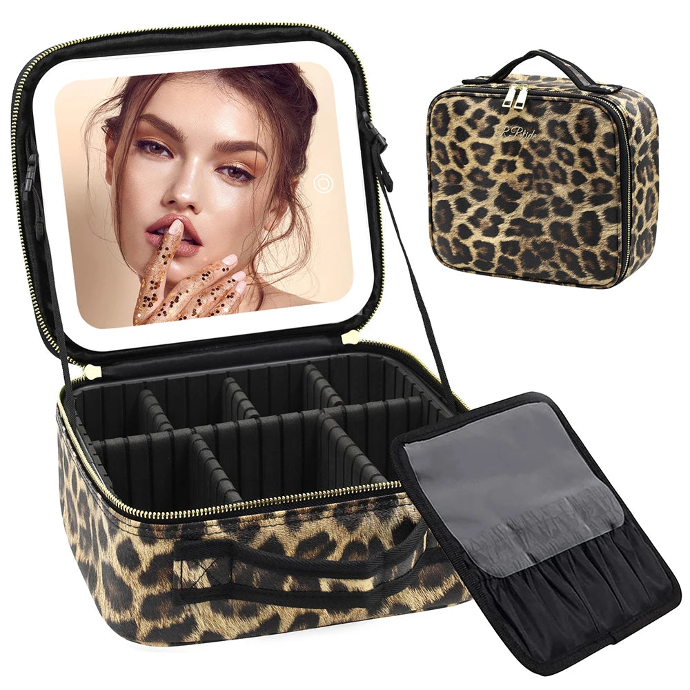 Makeup Case Portable Travel Beauty Leopard Cosmetics Bag with Mirror and Lights