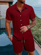 Men Casual Short Sleeve Shirt & Shorts 2pcs Combo Set Summer