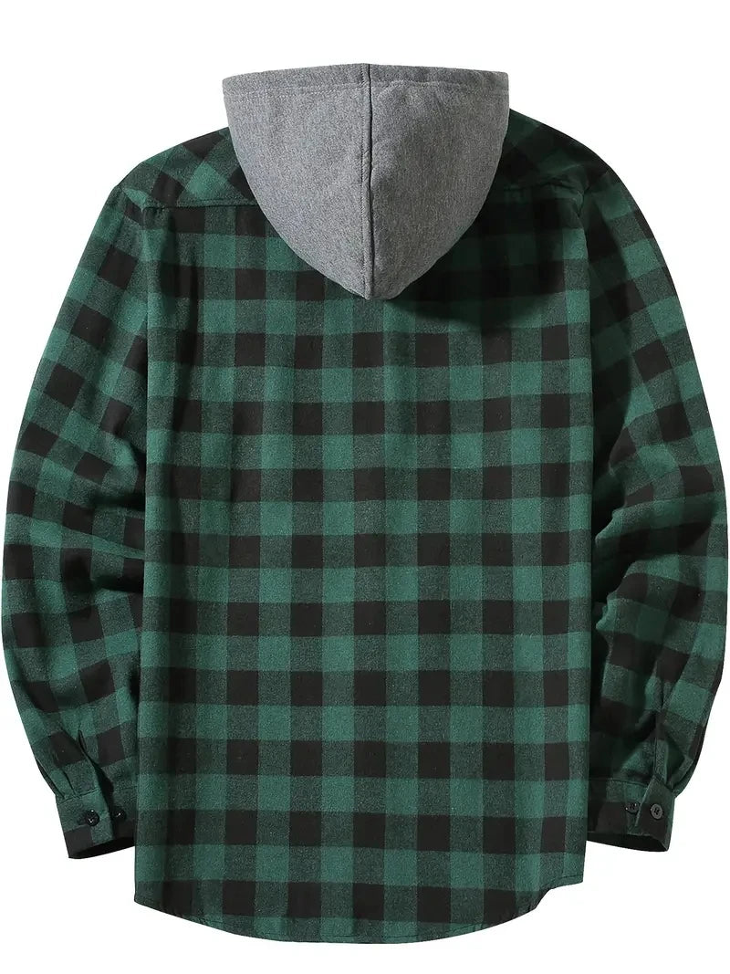 Men's Flannel Hooded Shirt Vintage Streetwear Half Hoodie Plaid Shirt