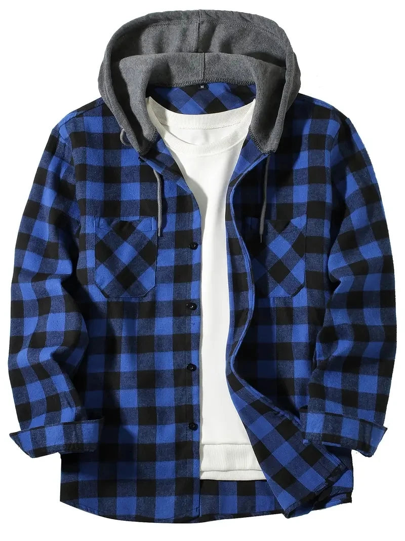 Men's Flannel Hooded Shirt Vintage Streetwear Half Hoodie Plaid Shirt