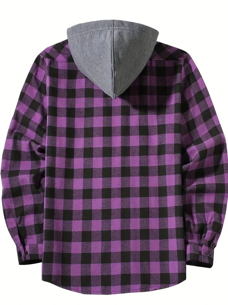Men's Flannel Hooded Shirt Vintage Streetwear Half Hoodie Plaid Shirt