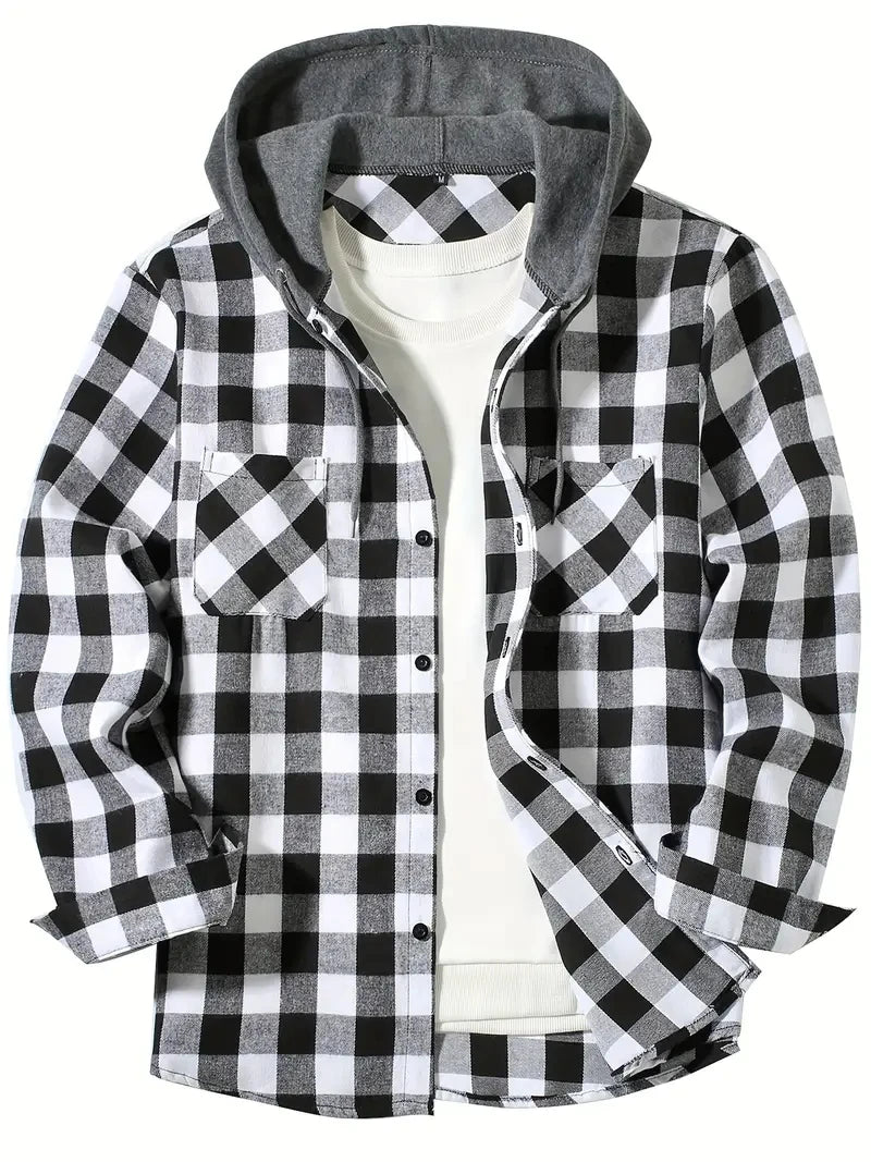 Men's Flannel Hooded Shirt Vintage Streetwear Half Hoodie Plaid Shirt