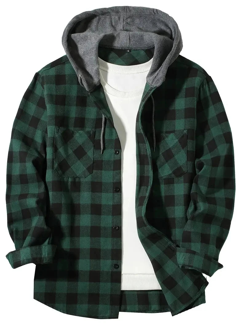 Men's Flannel Hooded Shirt Vintage Streetwear Half Hoodie Plaid Shirt