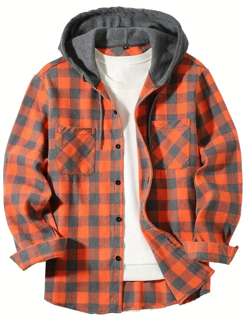 Men's Flannel Hooded Shirt Vintage Streetwear Half Hoodie Plaid Shirt