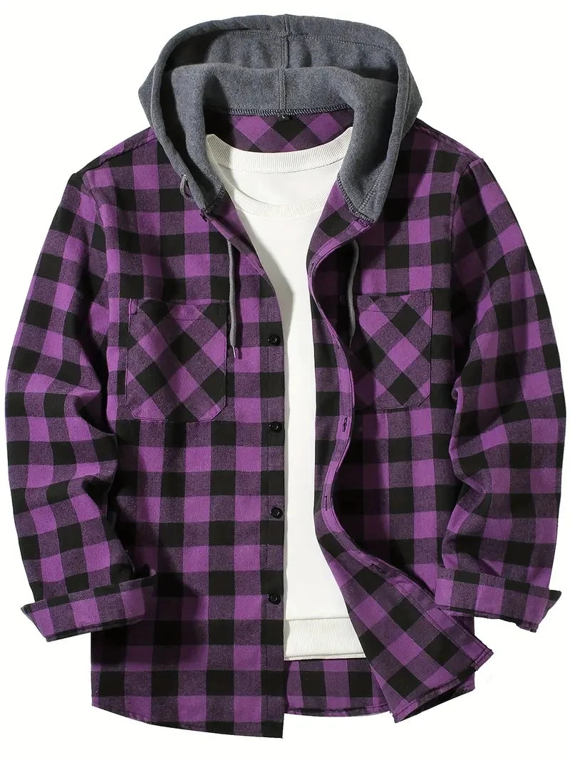 Men's Flannel Hooded Shirt Vintage Streetwear Half Hoodie Plaid Shirt