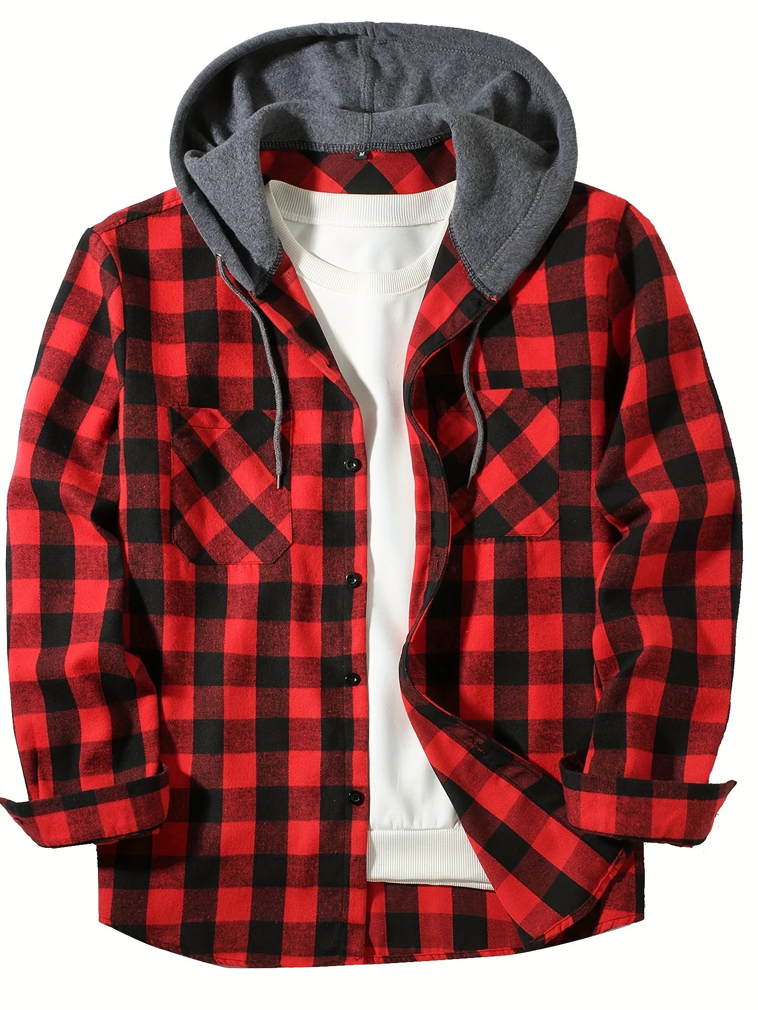 Men's Flannel Hooded Shirt Vintage Streetwear Half Hoodie Plaid Shirt