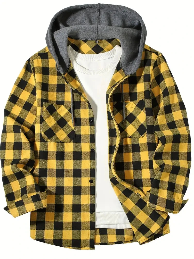 Men's Flannel Hooded Shirt Vintage Streetwear Half Hoodie Plaid Shirt