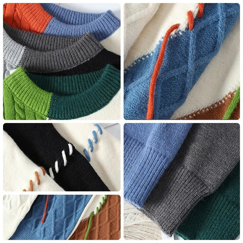 Men's Patchwork Knitted Sweater Chunky Warm Autumn Winter Jumper