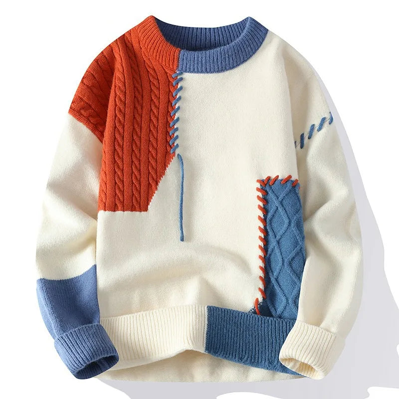 Men's Patchwork Knitted Sweater Chunky Warm Autumn Winter Jumper