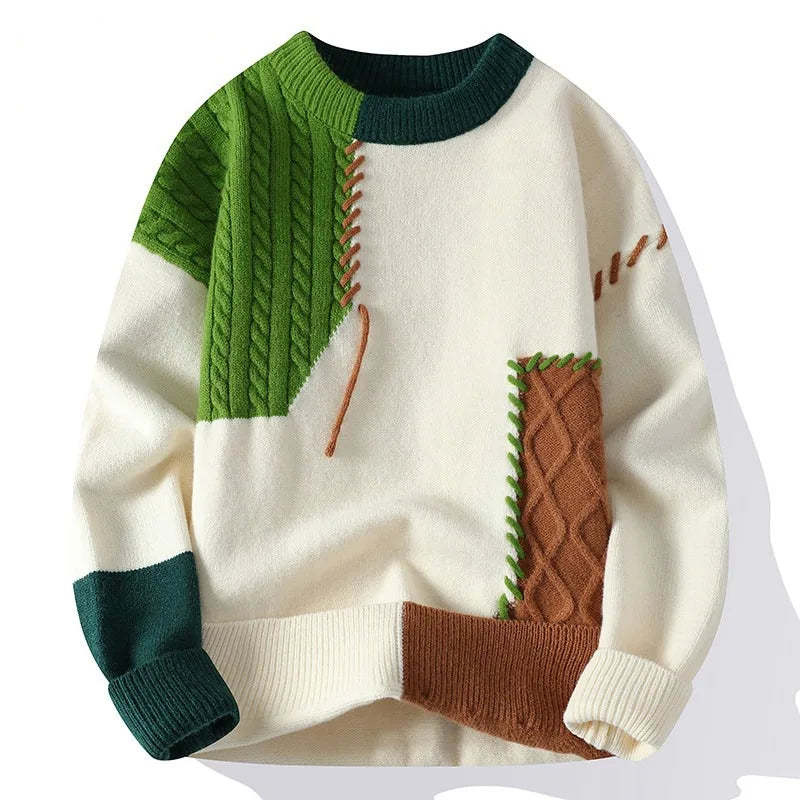 Men's Patchwork Knitted Sweater Chunky Warm Autumn Winter Jumper