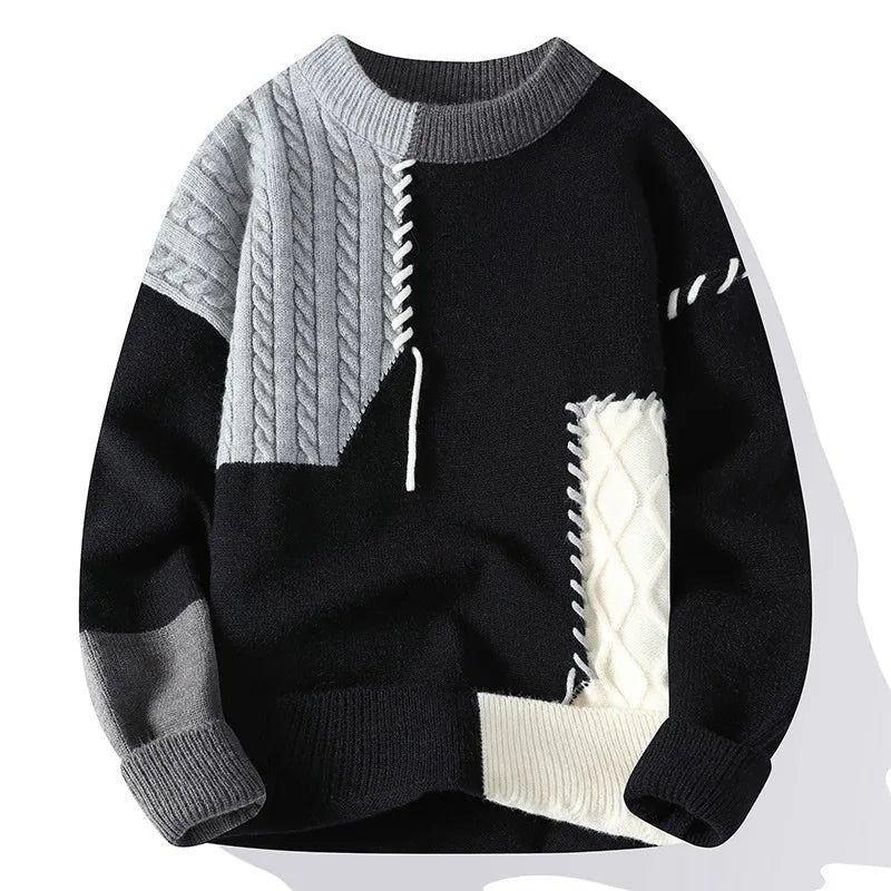Men's Patchwork Knitted Sweater Chunky Warm Autumn Winter Jumper