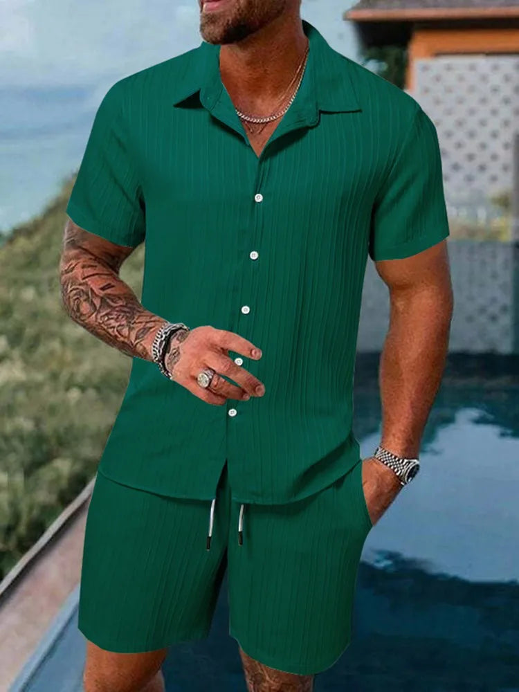 Men Casual Short Sleeve Shirt & Shorts 2pcs Combo Set Summer