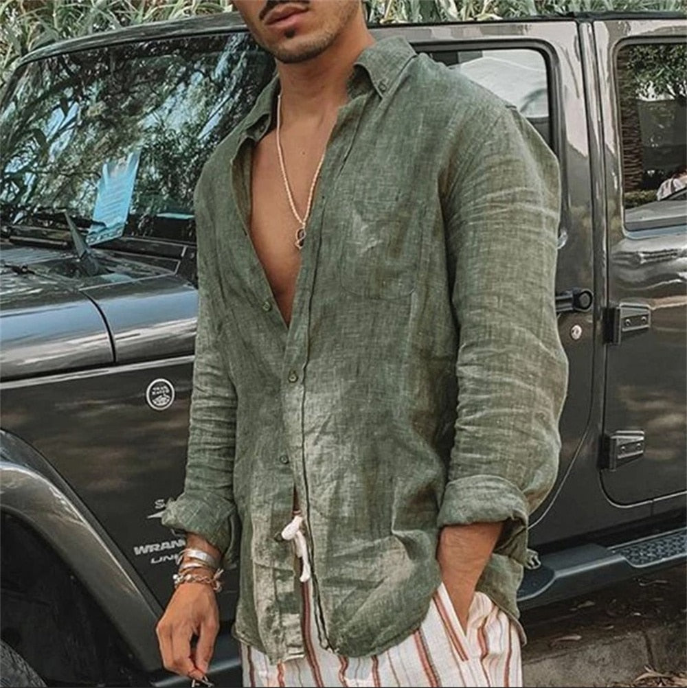 Men's Cotton Linen Shirt Casual Loose Long-Sleeve