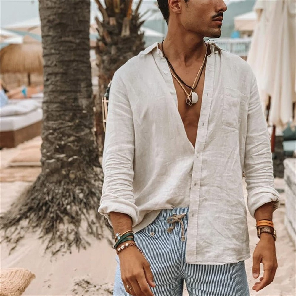 Men's Cotton Linen Shirt Casual Loose Long-Sleeve