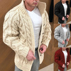 Man wearing a cream cable knit cardigan with additional color options shown.