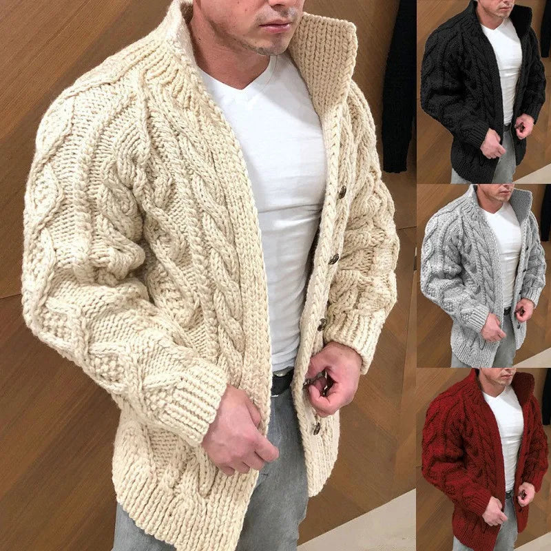 Man wearing a cream cable knit cardigan with additional color options shown.