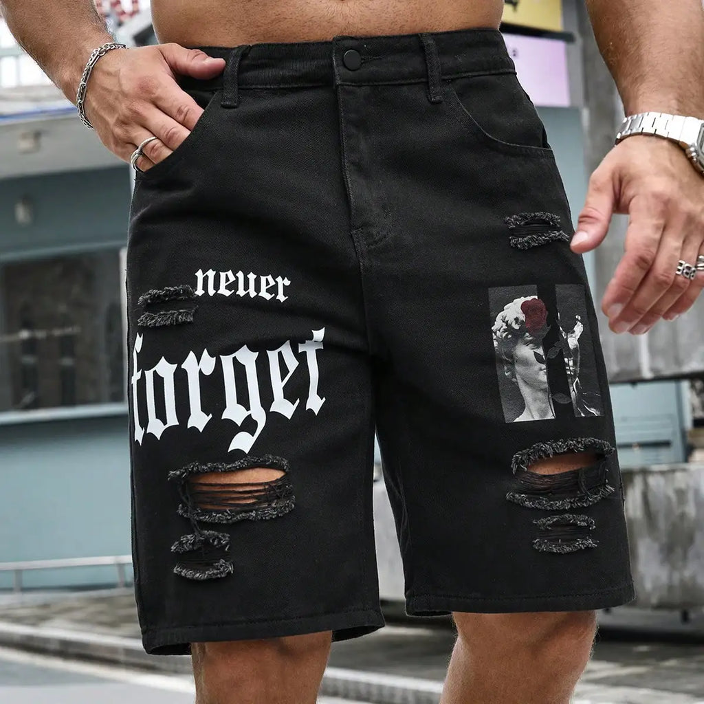 Men's Denim Baggy Shorts Distressed Knee Length Jorts