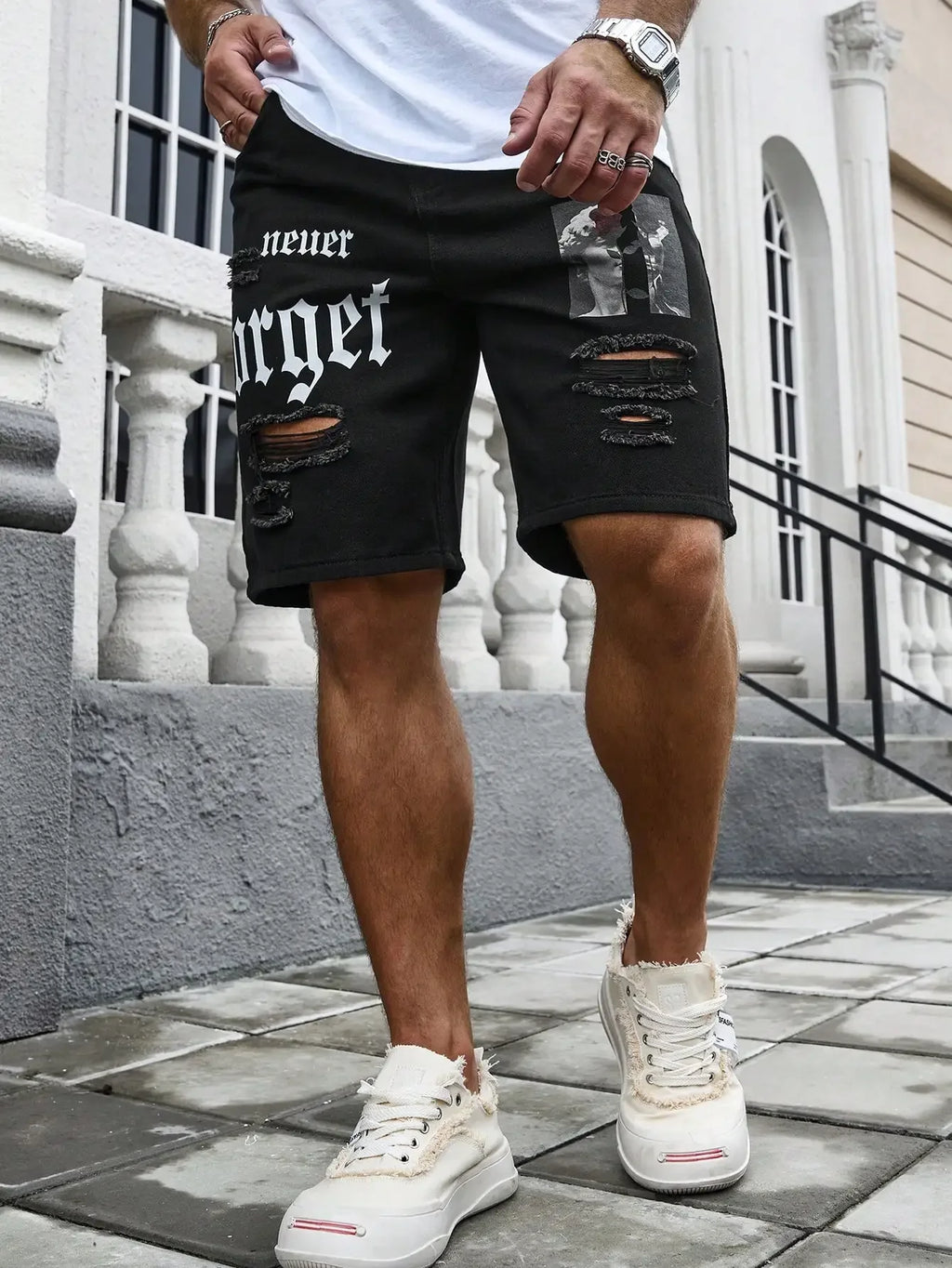Men's Denim Baggy Shorts Distressed Knee Length Jorts