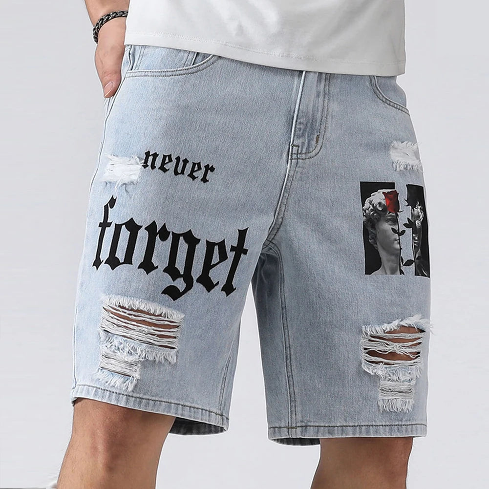 Men's Denim Baggy Shorts Distressed Knee Length Jorts
