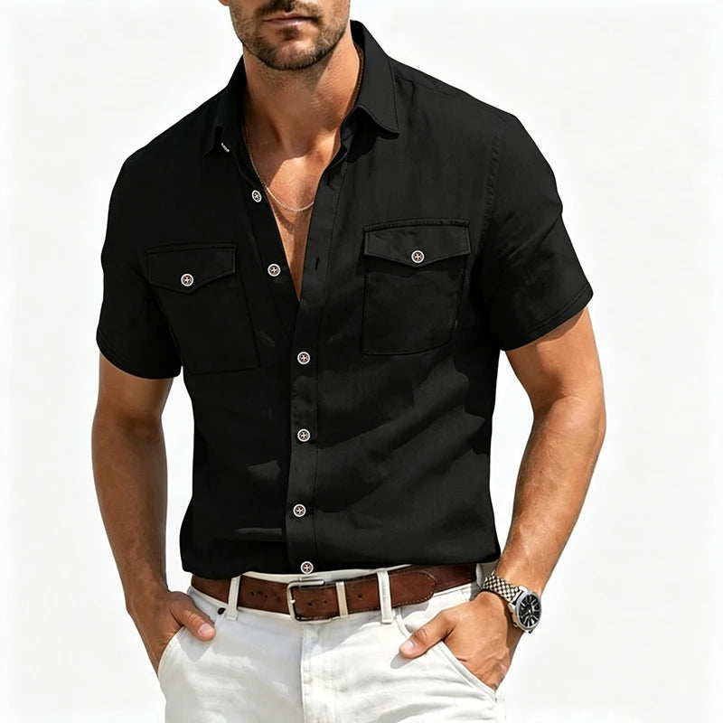 Men's Linen Short Sleeve Shirt With Double Chest Pockets