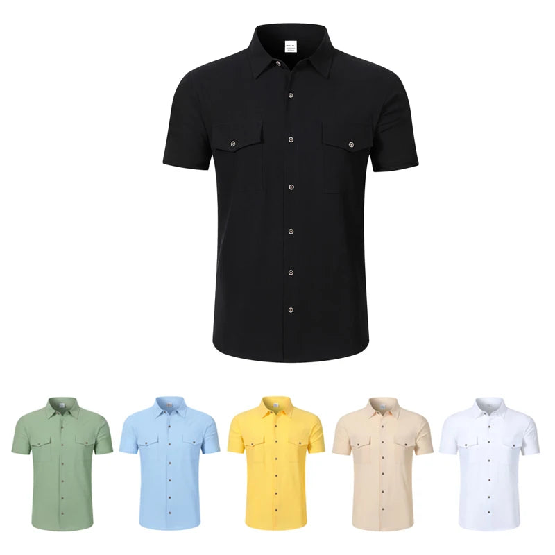 Men's Linen Short Sleeve Shirt With Double Chest Pockets