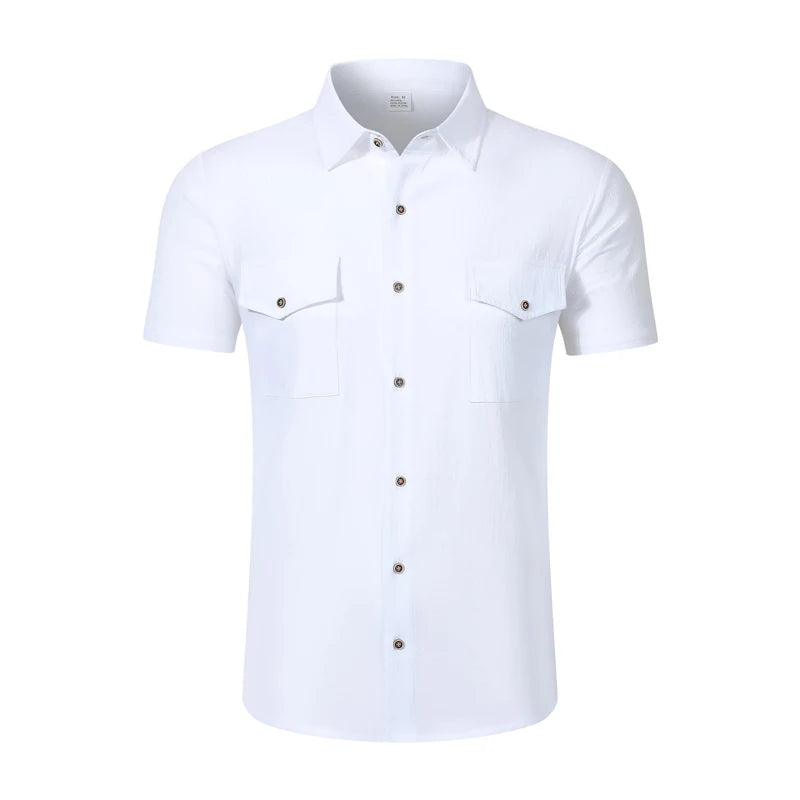Men's Linen Short Sleeve Shirt With Double Chest Pockets