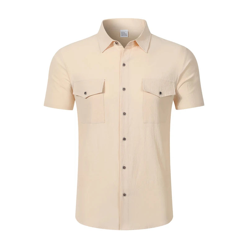 Men's Linen Short Sleeve Shirt With Double Chest Pockets