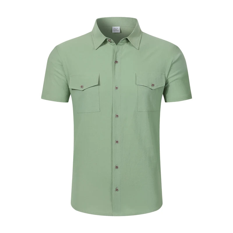 Men's Linen Short Sleeve Shirt With Double Chest Pockets