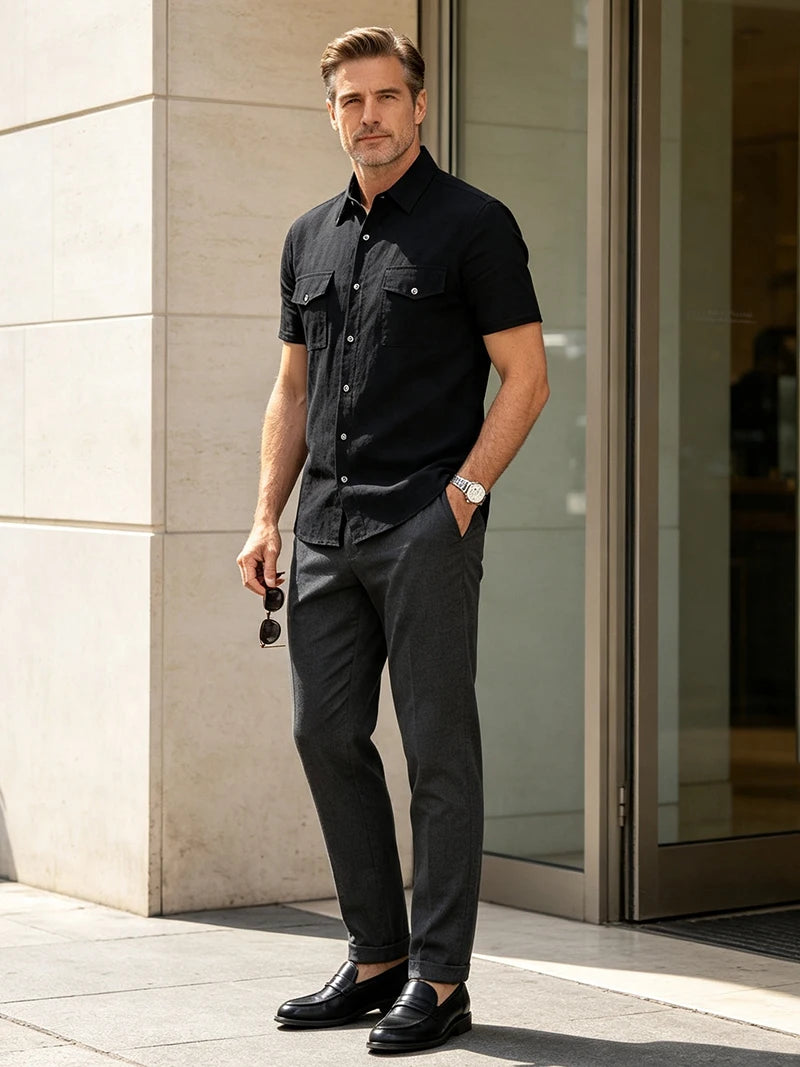 Men's Linen Short Sleeve Shirt With Double Chest Pockets