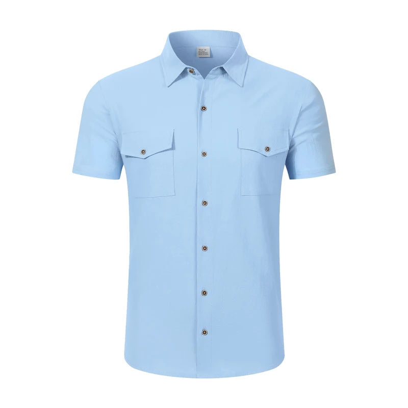 Men's Linen Short Sleeve Shirt With Double Chest Pockets