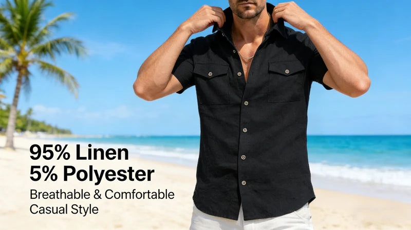 Men's Linen Short Sleeve Shirt With Double Chest Pockets