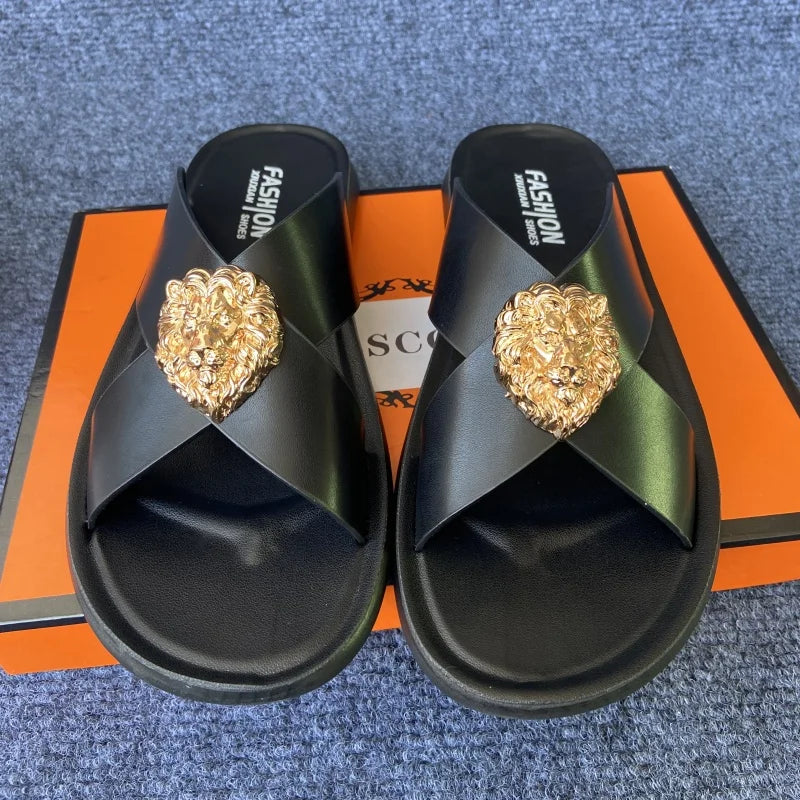 Men Slip-On Sandals with Gold Lion Head-Luxury Statement Footwear