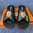Men Slip-On Sandals with Gold Lion Head-Luxury Statement Footwear