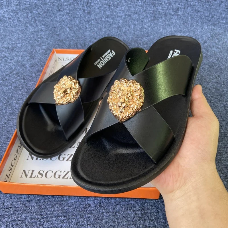 Men Slip-On Sandals with Gold Lion Head-Luxury Statement Footwear black ornate