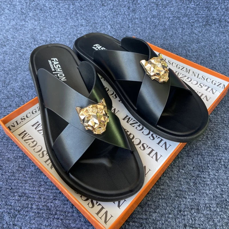 Men Slip-On Sandals with Gold Lion Head-Luxury Statement Footwear black minecraft