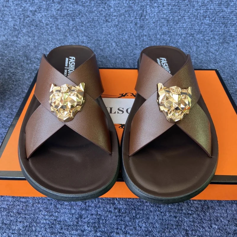 Men Slip-On Sandals with Gold Lion Head-Luxury Statement Footwear brown minecraft