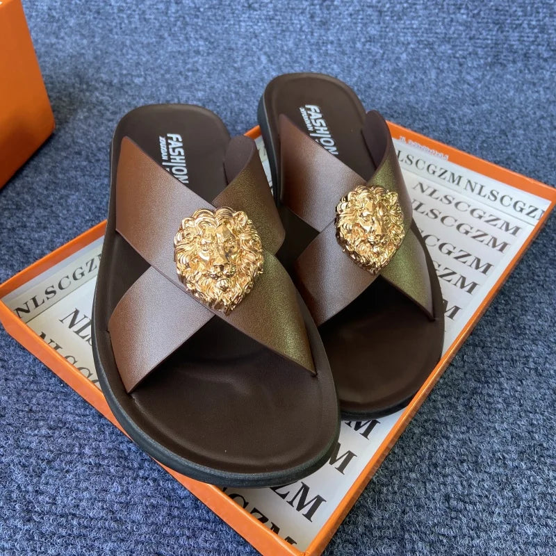 Men Slip-On Sandals with Gold Lion Head-Luxury Statement Footwear brown regal