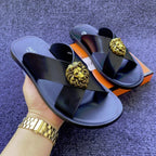 Men Slip-On Sandals with Gold Lion Head-Luxury Statement Footwear brown regal black blue