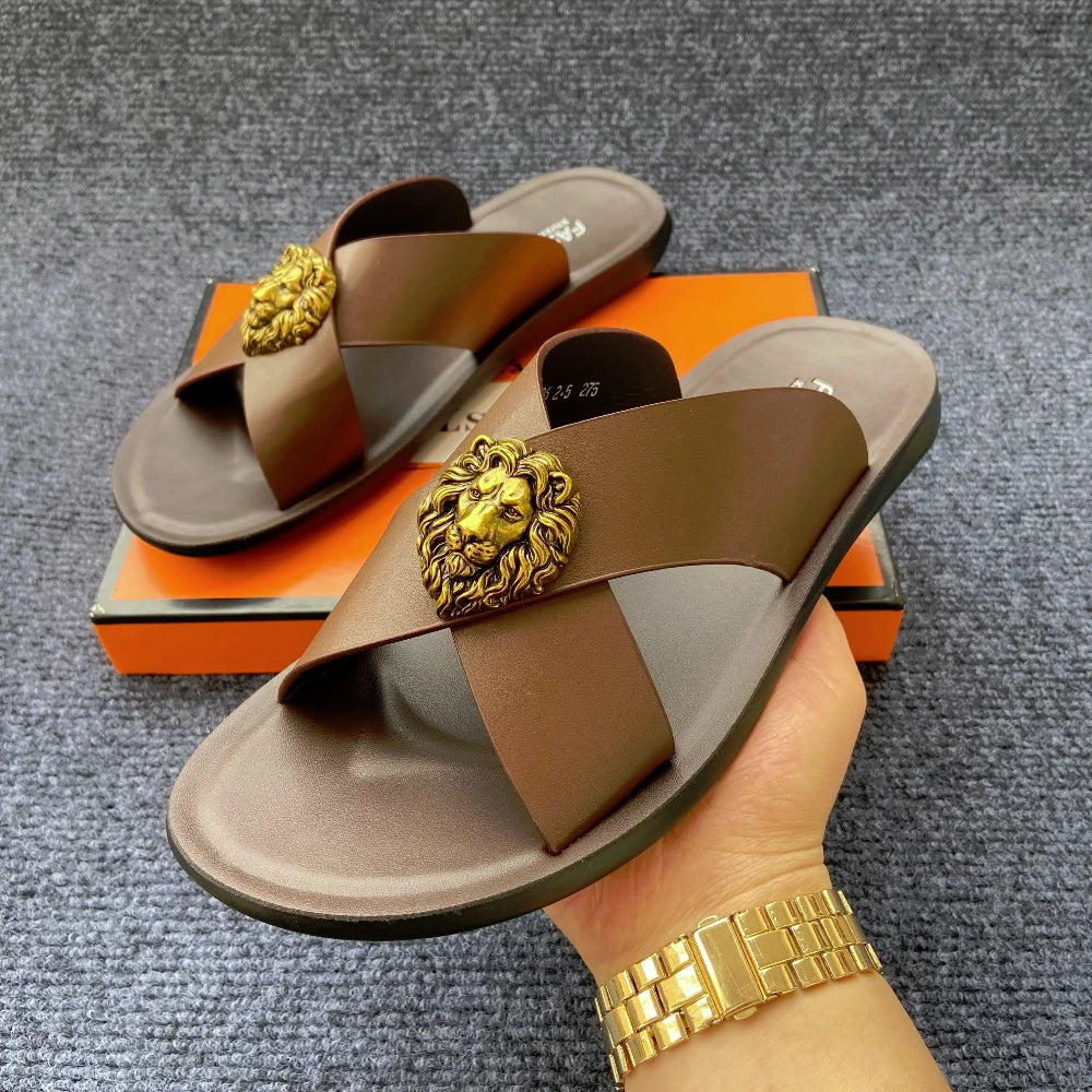 Men Slip-On Sandals with Gold Lion Head-Luxury Statement Footwear brown regal tan regal