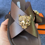 Men Slip-On Sandals with Gold Lion Head-Luxury Statement Footwear minecraft closeup