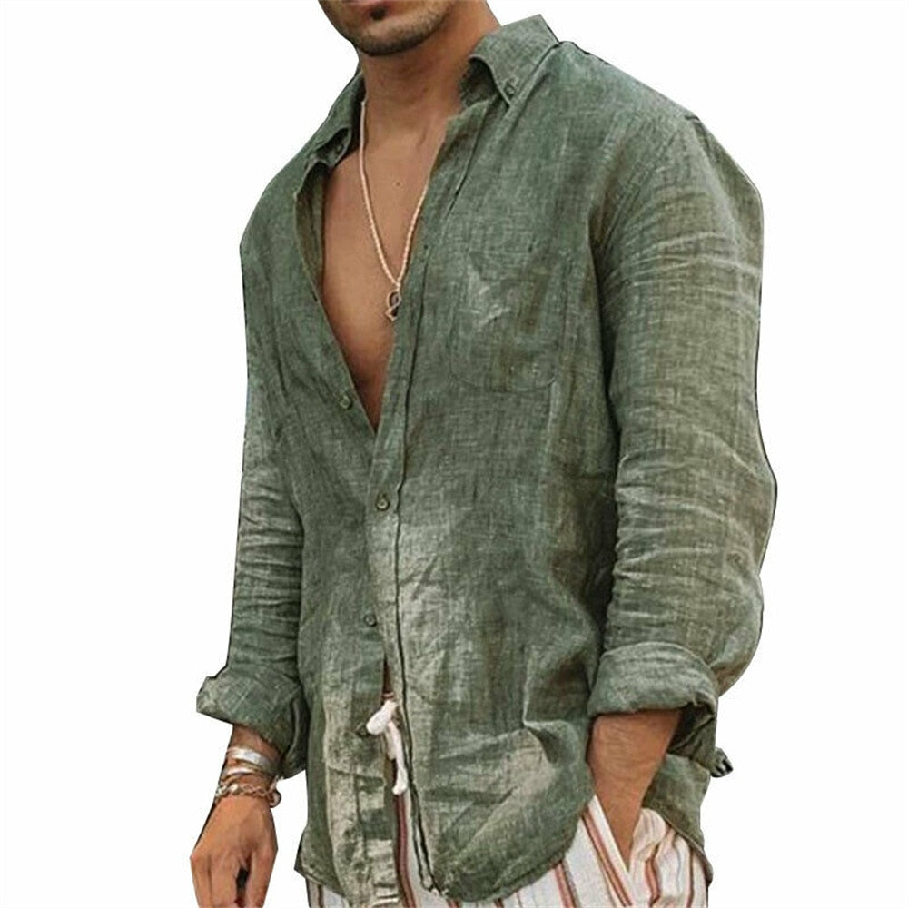 Men's Cotton Linen Shirt Stylish Cool Casual Loose-Fitting Top